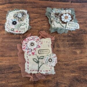 Set of 3 Vintage Slow Stitch Embroidery Floral Fabric Clusters-Junk Journal